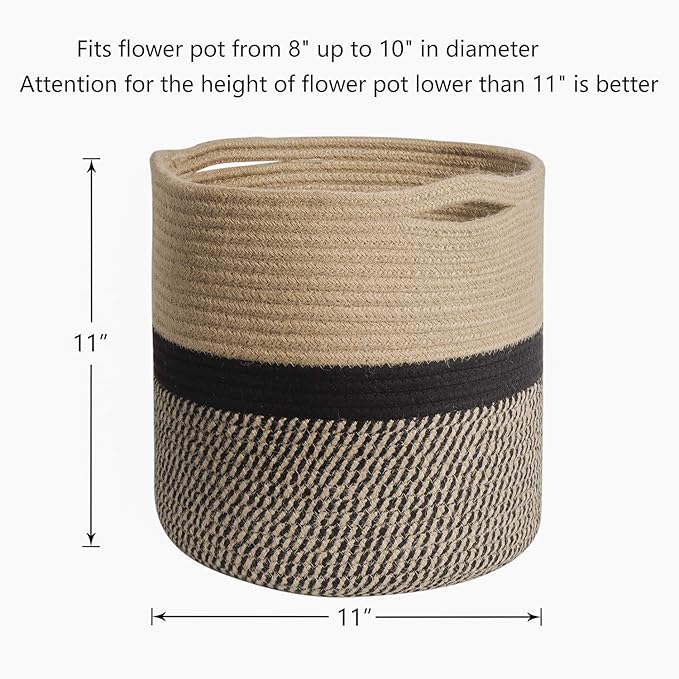 TIMEYARD Sturdy Jute Rope Plant Basket Modern Woven Baskets for 10" Flower Pot Floor Indoor Planters, 11” x 11” Storage Organizer Basket Rustic Home Decor, Black and Beige Stripes