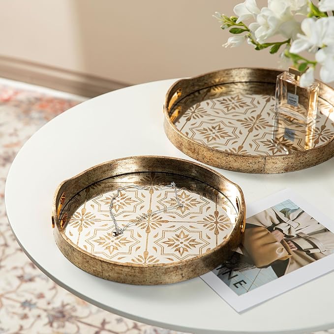 Glitzhome Set of 2 Large Gold Mirror Decorative Trays with Handles, Round Abstract Vanity Jewelry Perfume Tray Dresser Tray, Vintage Jewelry Organizer Makeup Trays