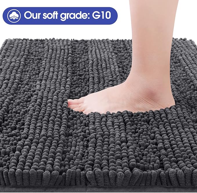 Striped Grey Bathroom Rug Mat Set 2 piece 32"x20"+24"x17" Ultra Soft, Non Slip Chenille Bath Rugs, Absorbent Plush Shaggy Bath Mats for Bathroom, Bedroom, Kitchen, Shower, Tub,Dark Gray, Charcoal