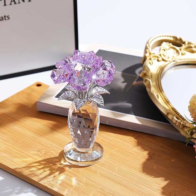 Crystal Purple Rose Bouquet Figurines Gifts for Women Romantic Flowers Ornament for Home Decor Anniversary Birthday Valentine's Day Presents for Girlfriend Wife Partner