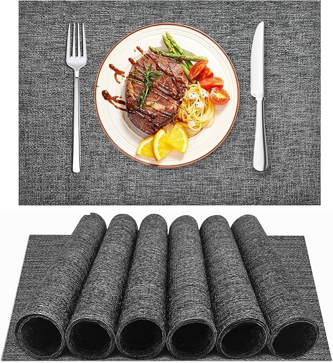 DACHUI Placemats Set of 6, Linen Look Woven Place Mats, Water Resistant, Heat Resistant, Washable, Durable Table Mats (Dark Grey)