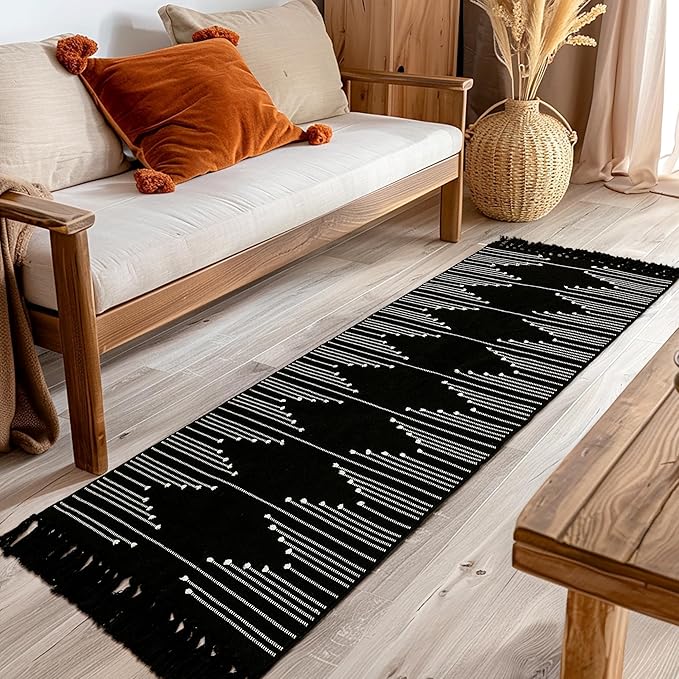 Tritard Boho Hallway Runner Rug 2x8 - Washable Area Rug Farmhouse Aztec Cotton Long Thin Rugs with Tassels Kitchen Bathroom Lightweight Woven Low Pile Carpet for Entryway, Bedroom, Black and White