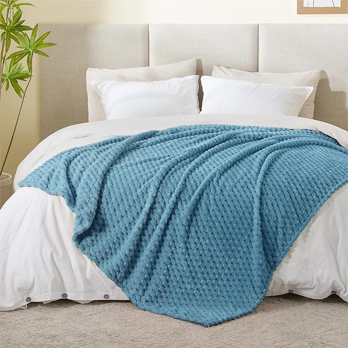BEDELITE Fleece Blanket Twin for Bed Couch, 3D Jacquard Decorative Blue Throw, Soft Cozy Warm Plush Fuzzy, 60x80Inches