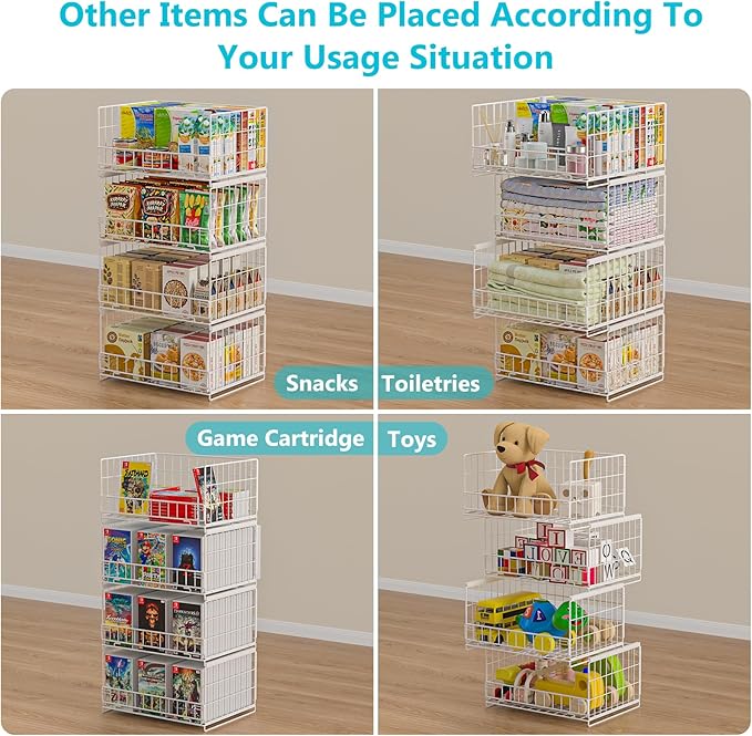 4-Tier Sliding Closet Organizers and Storage Shelves, Stackable Closet Shelf Organizer Basket Bins, Drawer Shelf Storage Container for Wardrobe Cupboard Kitchen Bathroom Office, White