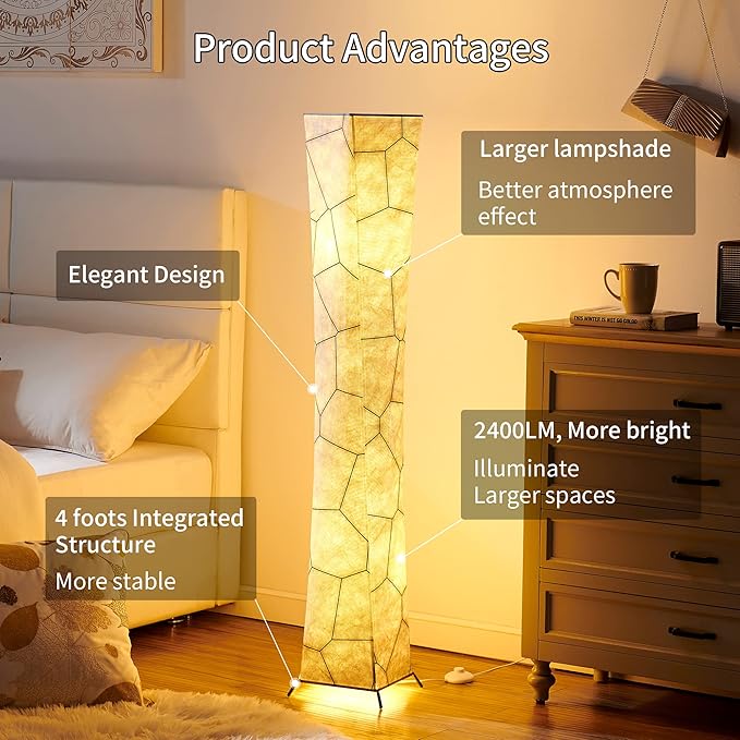 chiphy Floor Lamp, 52" (S) Tall Standing Lamp, 3 Levels Adjustable Brightness LED Bulbs, Column Floor Light, Marble Gradient Fabric Lampshade, Home Decor for Living Room, Bedroom, Kids Room