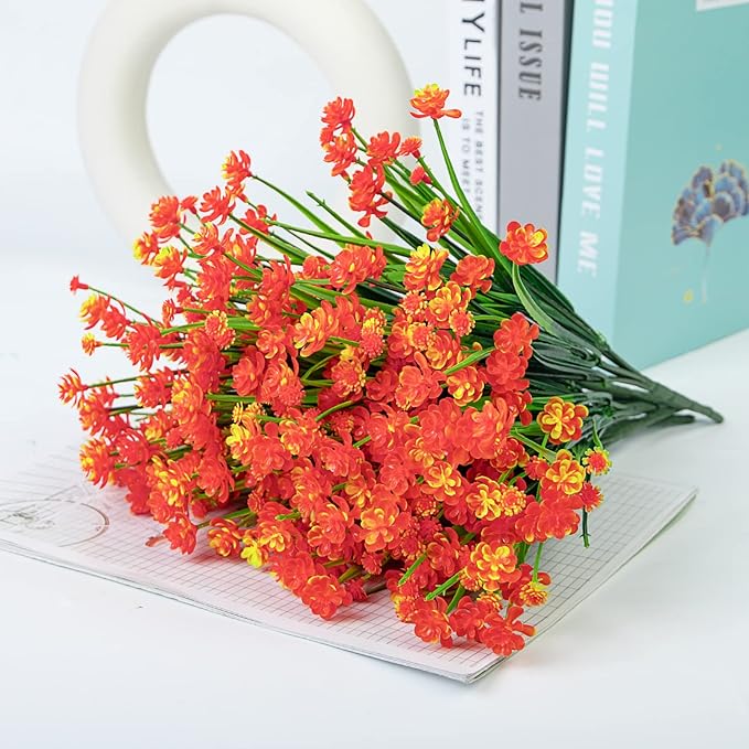 Ouddy Decor 24 Bundles Artificial Flowers for Outdoors UV Resistant Fake Plastic Plants Faux Boston Fern Greenery Stems for Spring Summer Indoor Garden Patio Window Box Kitchen Home Decor, Orange