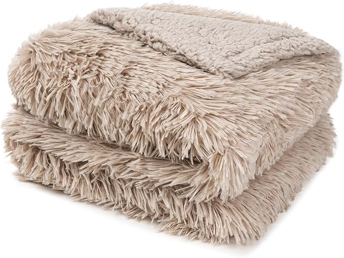 PAVILIA Taupe Tan Fluffy Throw Blanket for Couch, Fuzzy Blanket for Women Men, Furry Plush Warm Blanket Bed Sofa, Super Soft Thick Faux Fur Sherpa Blanket Throw, 50x60