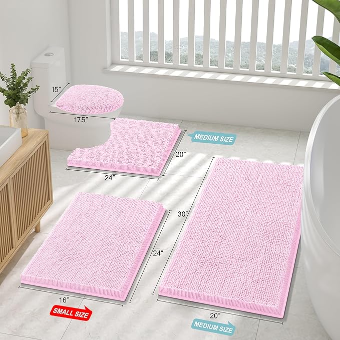 Smiry Luxury Chenille Bathroom Rugs 47x20, Extra Soft and Absorbent Shaggy Bath Mat, Machine Washable, Non-Slip Plush Carpet Runner for Tub, Shower, and Floor, Home Decor Accessories, Pink