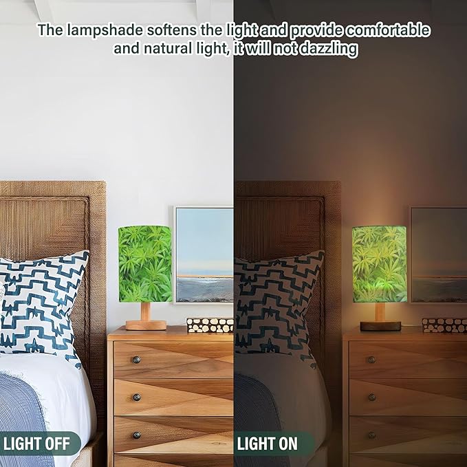 Table Lamp Marijuana Plant Green Cannabis Hemp Leaf Nightstand Lamp with Wood Base Fabric Lamp Shade Bedside Desk Lamp for Living Room Bedroom Kids Room Office