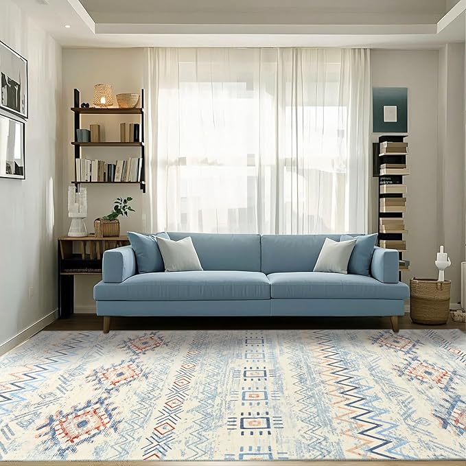 Area Rug Living Room Rugs Large Soft Boho Farmhouse Indoor Floor Rug (Blue, 8'x10')