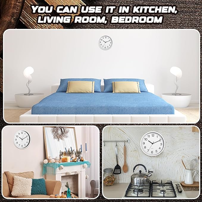 Inbagi 8 Pcs Wall Clock Large Silent Battery Operated Wall Clocks Modern Non Ticking Wall Clocks Bulk Decorative for Kitchen Office Living Room Home Bathroom Bedroom Classroom(White,12 Inch)