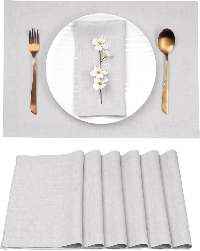 D'Moksha Homes Linen Placemats 14 x 19 Inch - Silver Grey Placemats Set of 6-100% Pure Linen Table Place Mats for Summer - Handcrafted and Machine Washable