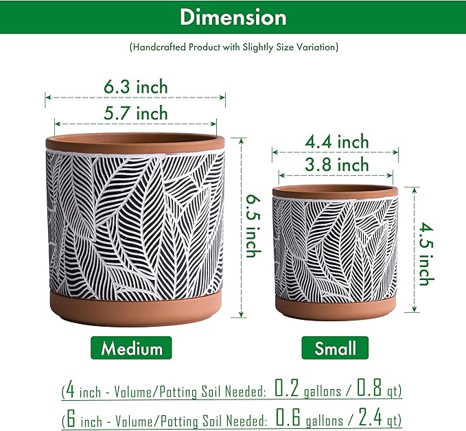 D'vine Dev Set of 2 Terracotta Pots, Leaves Pattern Planter Pot, 4 Inch and 6 Inch, Pot with Drainage Hole and Saucer, Terracotta/Black, 31-958-I-2
