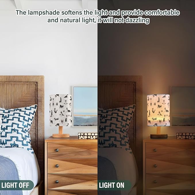 Table Lamp Boston Terrier Dog Do Yoga Pattern Nightstand Lamp with Wood Base Fabric Lamp Shade Bedside Desk Lamp for Living Room Bedroom Kids Room Office