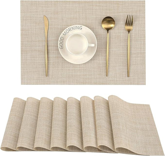 Leetaltree Beige Placemats Set of 8 - Heat Resistant Non-Slip Place mats for Dining Table, Washable Durable PVC Vinyl Woven Table Mats(Beige, 8)