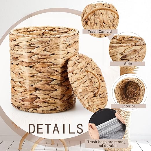 Ctosree 3 Gallons Small Wicker Trash Can with Lid Handle Woven Wicker Rattan Bathroom Waste Basket Boho Trash Basket with 100 Plastic Garbage Bags for Bedroom Office Laundry (Classic Style)