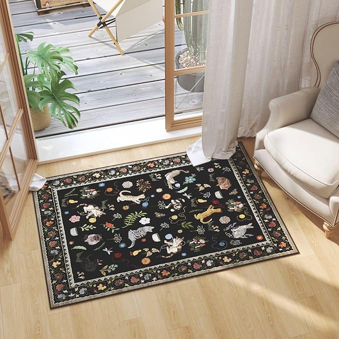 Door Mat Indoor Entrance 2x3 Rug Machine Washable Boho Floral Animal Cat Small Area Rug Non-Slip Low Pile Throw Rugs for Entryway Kitchen Front Door Indoor Entrance Entry Kids Room, Black