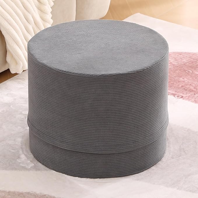 LITA Round Stuffed Pouf Ottoman, Corduroy Poufs with High-Density Foam Filling and Washable Cover, Furry and Fluffy Bean Bag Foot Stools Ottoman for Living Room, Bedroom, Office, Grey
