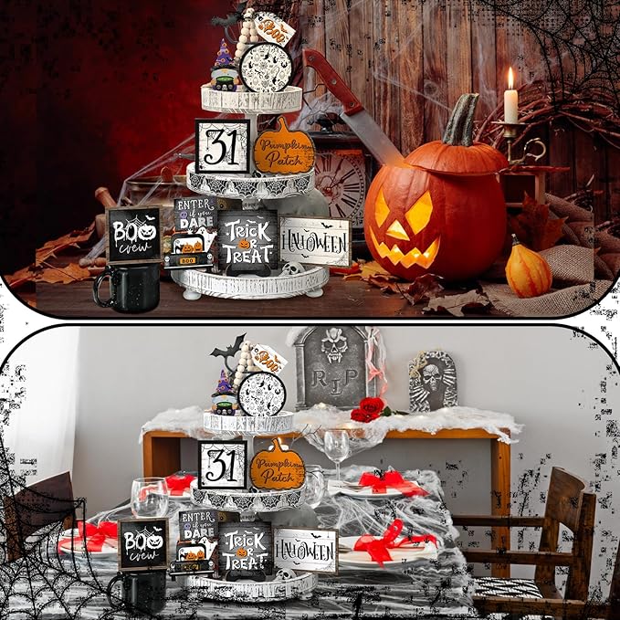 14 Pcs Halloween Tiered Tray Decorations Set Ghost Halloween Wooden Signs Rustic Farmhouse Pumpkin Boo Trick or Treat Blocks Table Sign Decorations for Home Party Favors
