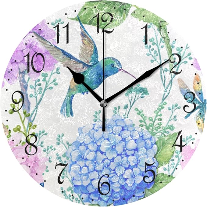 ALAZA Wall Clock Watercolor Blue Hummingbird Silent Non-Ticking Decorative Flowers Wall Clocks Battery Operated for Living Room Kitchen Bathroom Bedroom