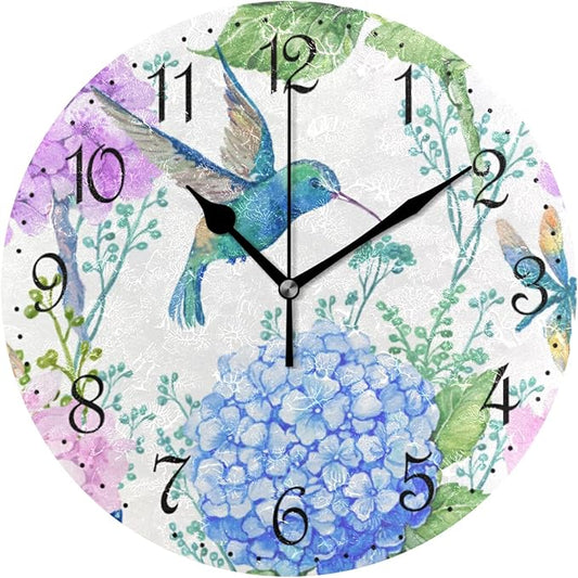 ALAZA Wall Clock Watercolor Blue Hummingbird Silent Non-Ticking Decorative Flowers Wall Clocks Battery Operated for Living Room Kitchen Bathroom Bedroom