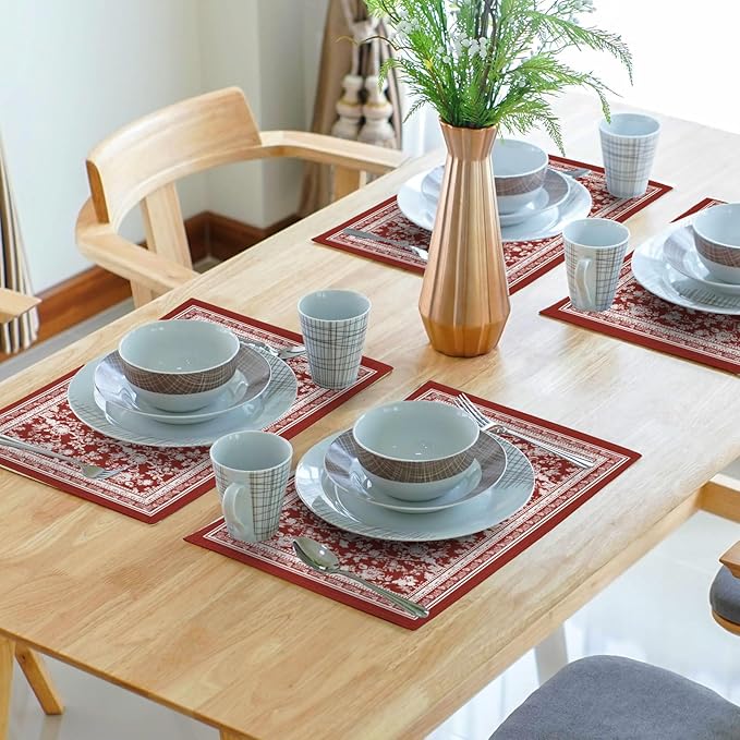 Red Placemats Set of 4,Vintage Chinoiserie Flower Branches Place Mats Heat Resistant Dining Table Mats 12 x 18 Inch Non-Slip Washable Desk Mats for Party Kitchen Dining Decoration