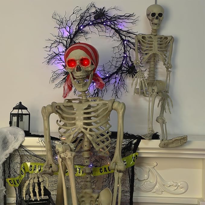 yosager 2 Pcs Halloween Skeleton Decorations, 5.4ft & 3ft Pose-N-Stay Life Size Skeleton with Glowing Eye, Human Bones Full Body Realistic with Posable Joints, Pose Skeleton Prop, Haunted House Decor