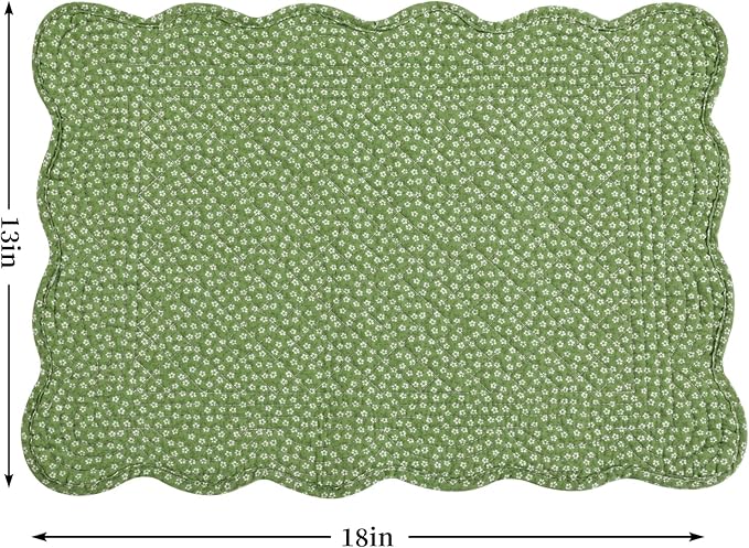 HOMBYS Quilted Placemats Set of 6 Washable-13x18 inches Rectangular Placemats for Kitchen Table-100% Cotton Fabric Rectangular Table Mats, (Green & Withe)