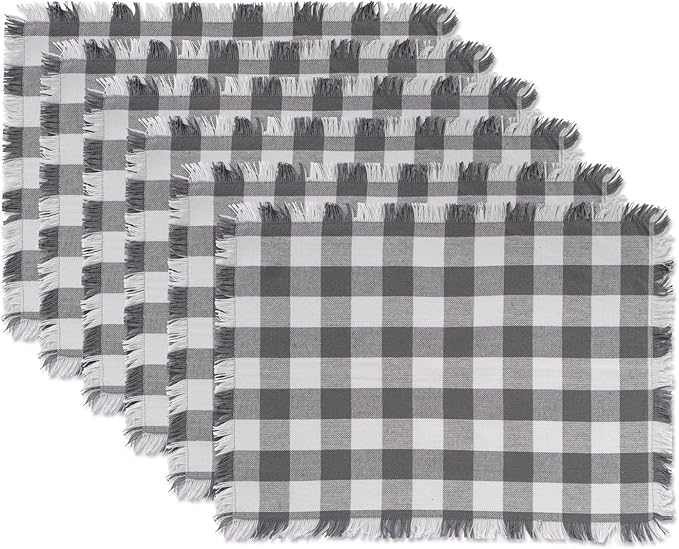 DII Heavyweight Fringed Check Tabletop Collection, Placemat Set, 13x19, Gray, 6 Piece