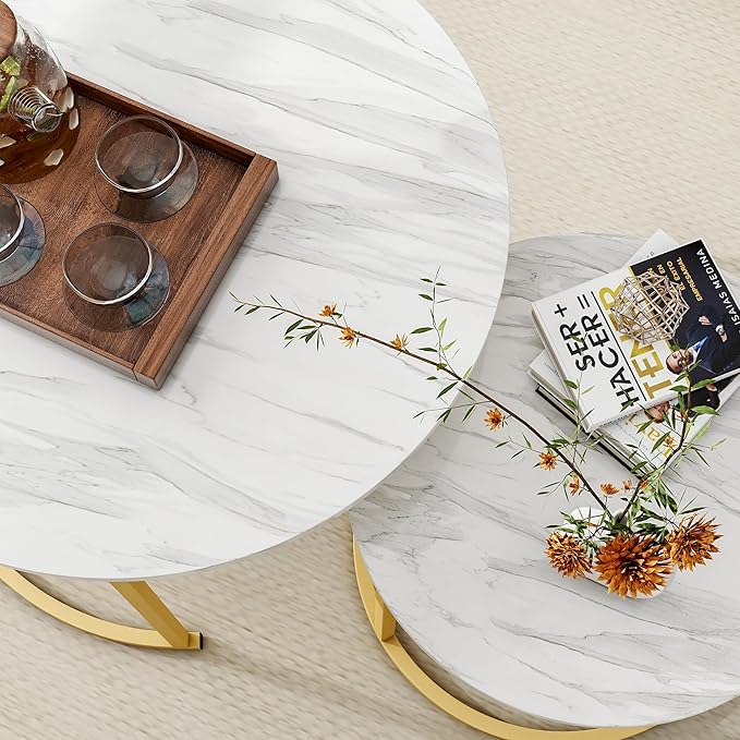 Round Coffee Table Set of 2 End Tables for Living Room,Circular and Marble Nesting Coffee Table Wooden Accent Furniture with Golden Metal Frame,Stacking Side Tables,White