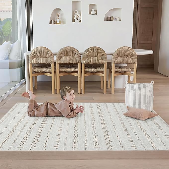 Deerly 5x7 Living Room Rug, Moroccan Boho Machine Washable Rugs 5x7 Area Rug with Non-Slip Backing, Soft Low Pile Indoor Floor Carpet Neutral Rug for Bedroom Dining Room, Light Brown