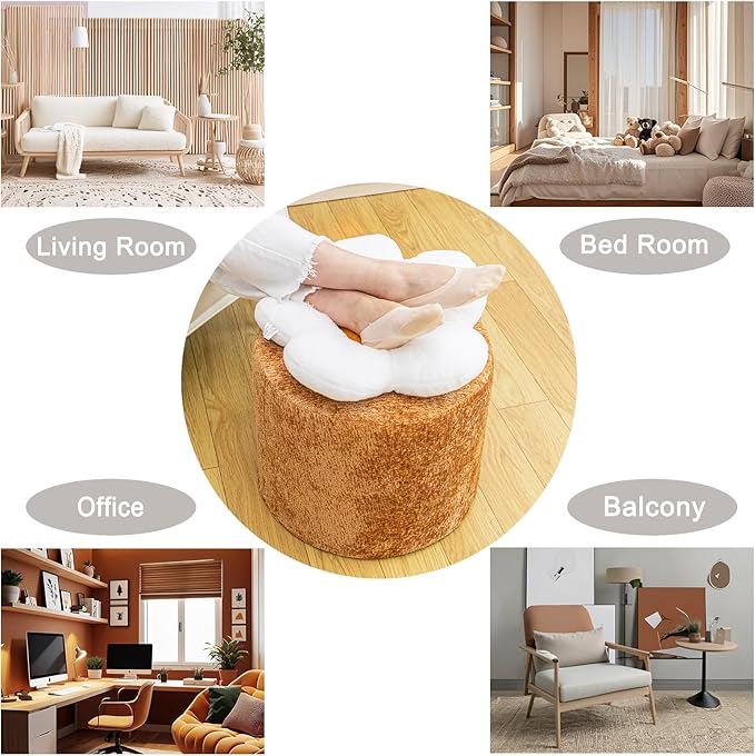 Flower Ottoman 18x15 Inches Charm Floor Pouf for Home Decor All-in-One Foam Filling Ottoman Foot Rest for Couch Fluffy Floral Pouf for Living Room Bedroom Kids Room Light Coffee and White
