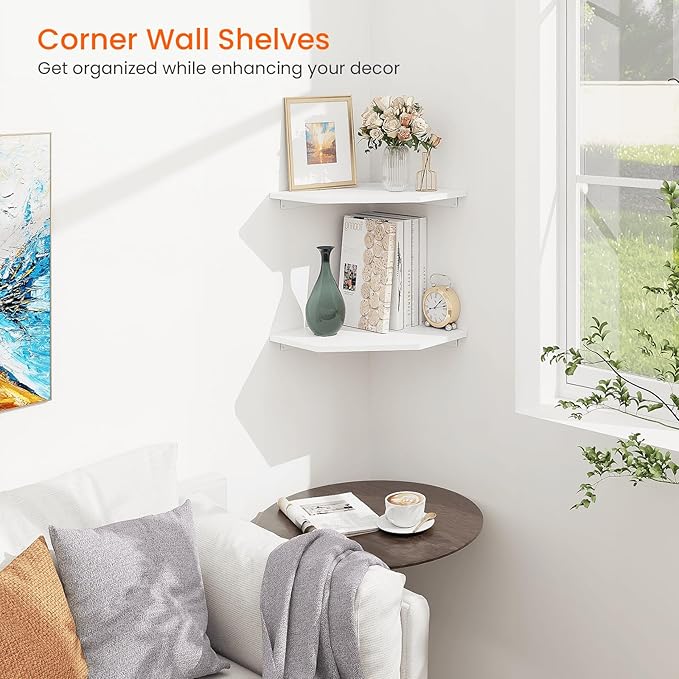 Homode Corner Shelf Wall Mount, Set of 2 Corner Floating Shelves with Cord Hole for Speaker, Cable Box, 2 Tier Wood Hanging Storage Shelf for Bathroom Living Room Bedroom, White