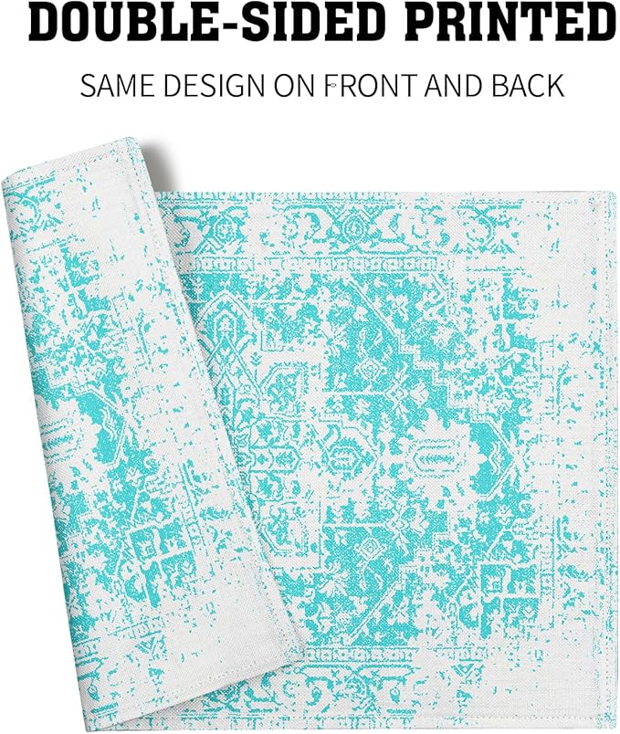 Gray Aqua Turquoise Boho Placemats Set of 6 Ethnic Bohemian Carpet Place Mats Washable Kitchen Dining Vintage Grey Floral Linen Table Mats Stain Heat-Resistant for Home Party Indoor 12x18 in