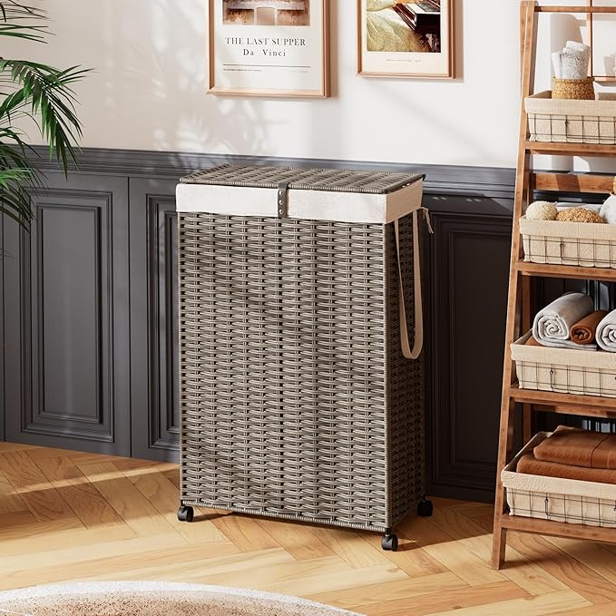 Rolling Laundry Hamper with Wheels and Lid, 90L Slim Laundry Basket with Removable Bag, Foldable Handwoven Rattan Laundry Sorter, Narrow Dirty Clothes Basket Organizer, No Assembly, Grey
