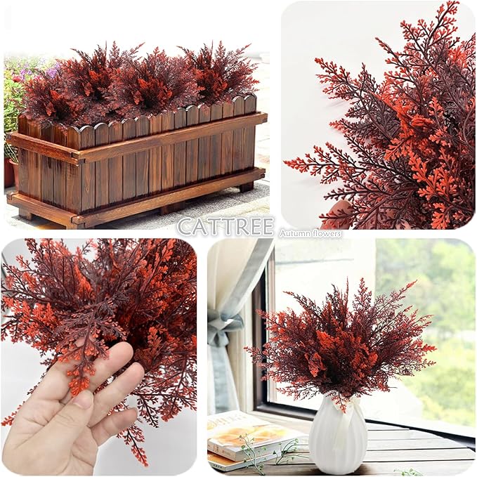 CATTREE Artificial Fern Shrubs Fake Boston Ferns Plant Bushes Plastic Leaves Plants Indoor Outdoor Garden Window Box Verandah Decor Party Table Centerpieces Wedding Christmas DIY Decoration Red 8 Pack