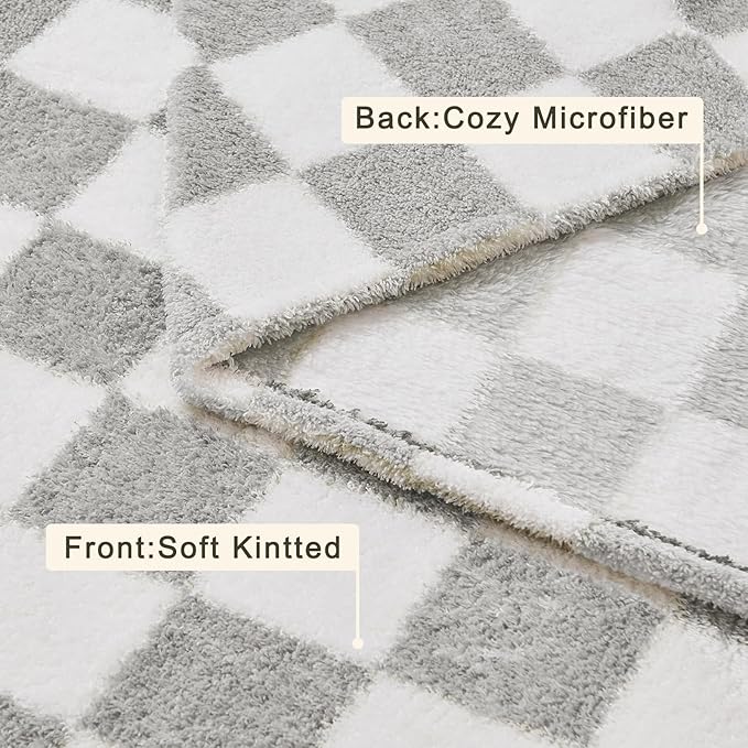 EMME Checkered Blanket Twin Size - 60"x80" Grey Knit Blanket Soft Fluffy Patterned Throw Blankets for Couch, Sofa, Chair, Bed, Camping, Picnic, Travel