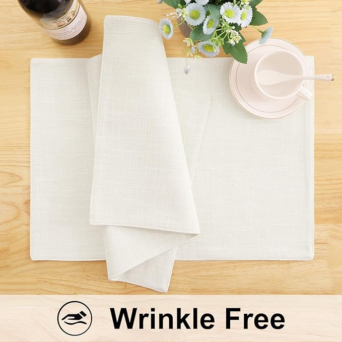 homing Cotton Linen Placemats Set of 6 and Table Runner 90" Long, Cream Washable Cloth Place Mats with Table Runner for Indoors & Outdoors, Easy to Clean