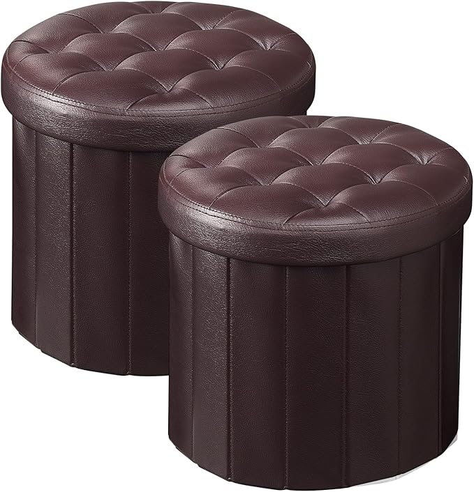 Bsketa® Ottoman with Storage, Foot Rest Stool with Thicker Foam Padded Seat Leather Small Round 14“ x 14” x 13 "Inchs Storage Ottoman Bench for Living Room Foldable Pouf Coffee Table 2 Pack,Brown
