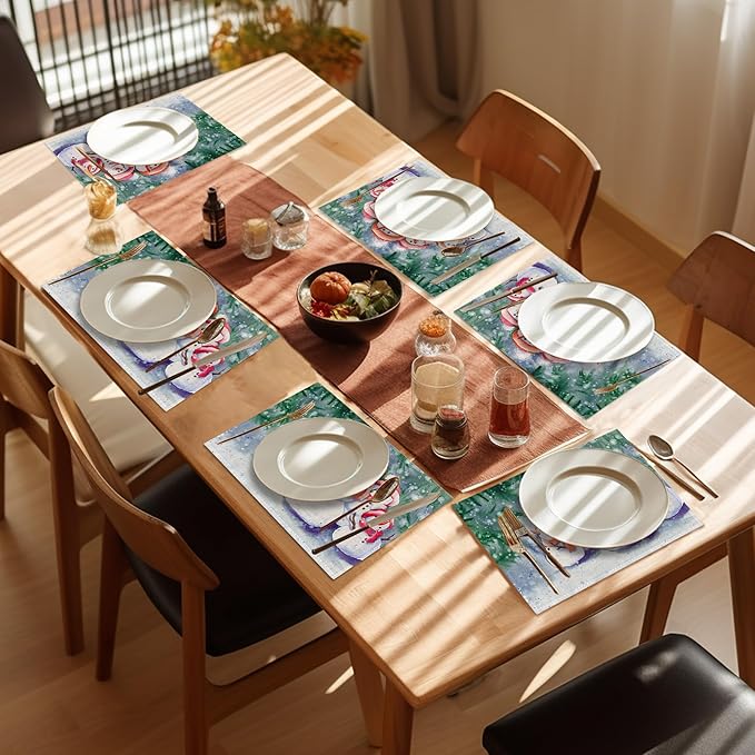 Christmas Placemats Set of 6,Washable Heat Resistant 12×18 Inch Linen Table Mats Snowmen Place Mats for Party Outdoor Dining Décor