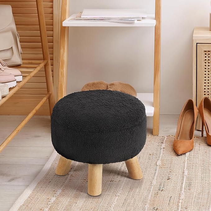 Ottoman Foot Rest, Small Round Ottoman with Storage, Boucle Teddy Velvet Footstool with Wood Legs, Soft Sponge Storage Ottoman for Living Room, Bedroom, Couch, Enterway (Black)