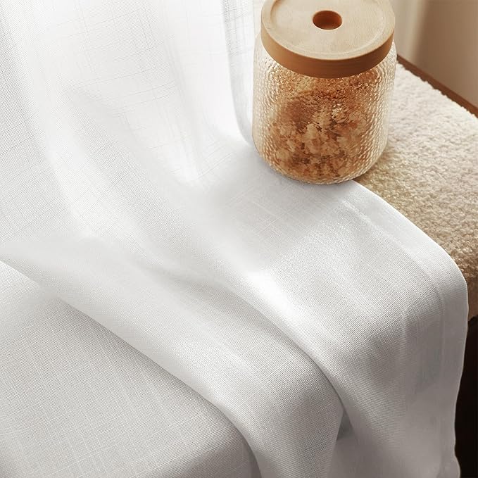Linen White Curtains 86 inches Long for Bedroom Loop Pocket Privacy Light Filtering Semi Sheer White Boho Farmhouse Curtain Drapes Cotton Textured Modern Elegant Coastal Living Room Decor Pure White