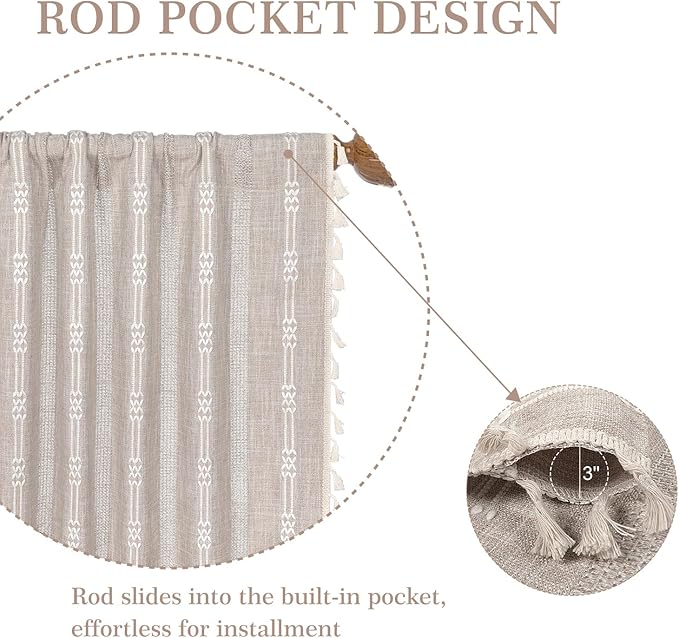 ColorBird Boho Linen Curtains 63 Inch Length, 2 Panels Set Farmhouse Living Room Curtains, Embroidered Striped Tan Boho Drapes for Bedroom Nursery Office