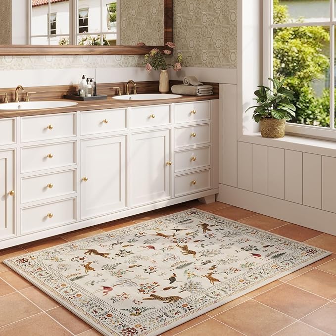 Door Mat Indoor Entrance 2x3 Rug Machine Washable Boho Floral Animal Small Area Rug Non-Slip Low Pile Throw Rugs for Entryway, Kitchen, Front Door Indoor Entrance, Entry, Kids Room (Beige)