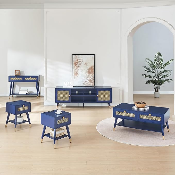 Mid Century Modern End Table for Living Room, Small Side Tables with Charging Station, Outlets and USB Ports, Blue Wood Nightstand with Storage Drawer and Open Shelf