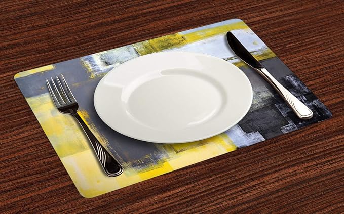 Ambesonne Yellow and Grey Place Mats Set of 4, Abstract Art Painting Design Modern Composition Brush Marks Pattern, Washable Fabric Placemats for Dining Table, Standard Size, Yellow Grey