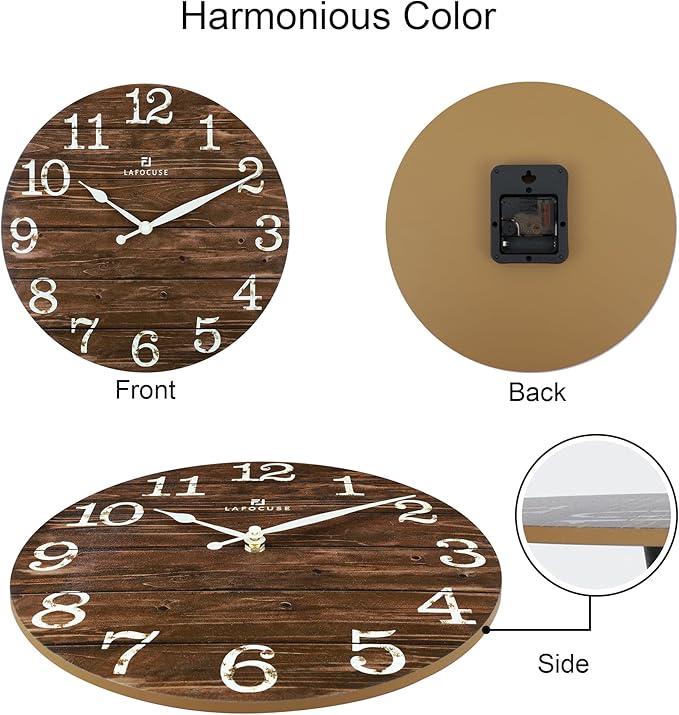 Lafocuse 12 Inch Silent Brown Wall Clocks for Kitchen Living Room Decor, Wooden Rustic Wall Clock Battery Operated, Decorative Farmhouse Clock