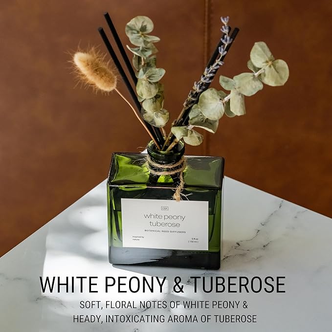 Craft & Kin Reed Diffuser with Dried Flowers | 5 oz White Peony & Tuberose Scented Reed Diffusers for Home, Bathroom | Scent Sticks | Elegant Fragrance Home Decor for Men & Women