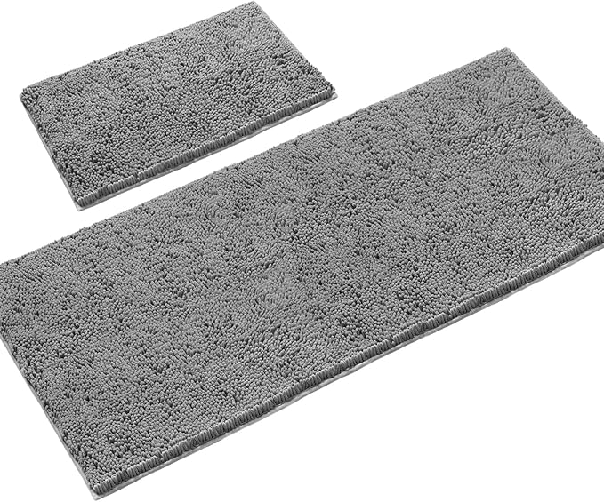 LuxUrux 2-Piece Bathroom Rug Set - Ultra-Plush Chenille Mats, Includes Runner Rug, Soft, Absorbent, Non-Slip & Stylish (27x47 & 16x24 inches, Light Grey)