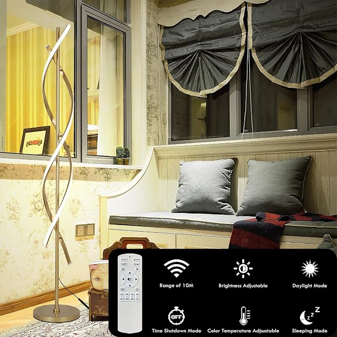 61" LED Floor Lamp for Living Room, 40W 3 Colors Stepless Dimmable and Color-Changing Bright Floor Standing Lamp,Unique Spiral Floor Tall Lamp for Bedroom Office with Remote (Gold)